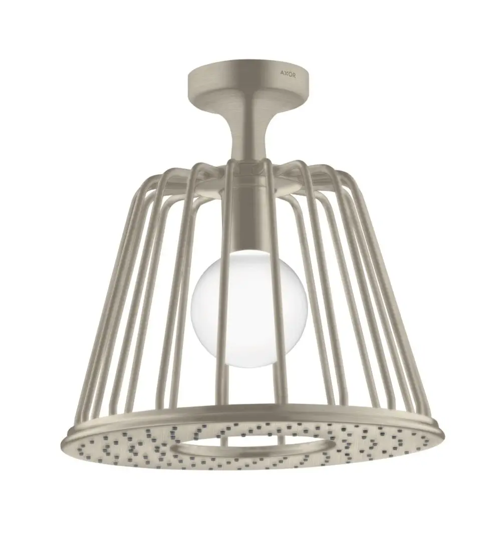 Deckenlampe mit metallischem Gestell in gebürstetem Nickel und runder, weißer Glühbirne, entworfen von AXOR. Das Design ist offen und schirmt das Licht nicht ab.